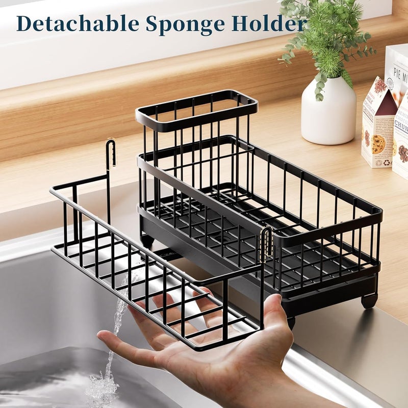 Consumest Consuemst Sponge Holder for Kitchen Sink - Auto Draining Sink Caddy Organizer with Detachable Rack, High Brush Holder, Kitchen Countertop Storage Accessories, Black - Image 4