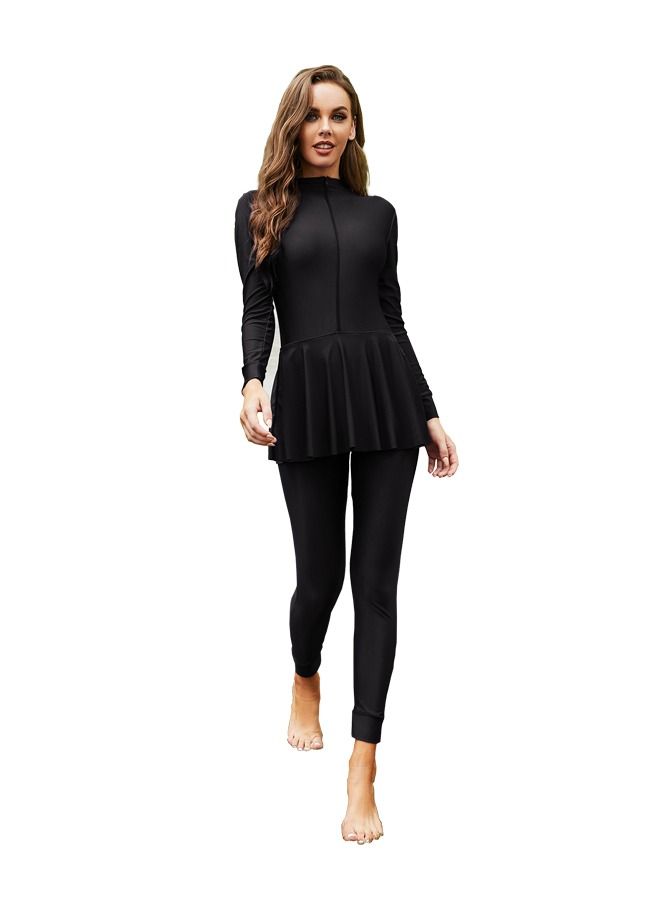 Women's Full Wrap Conservative Swimsuit, Solid Color Beach Sunscreen Swimsuit, Muslim Ruffle Swimsuit, Arabic One-Piece Swimsuit (Pure Black, L)  - Image 2