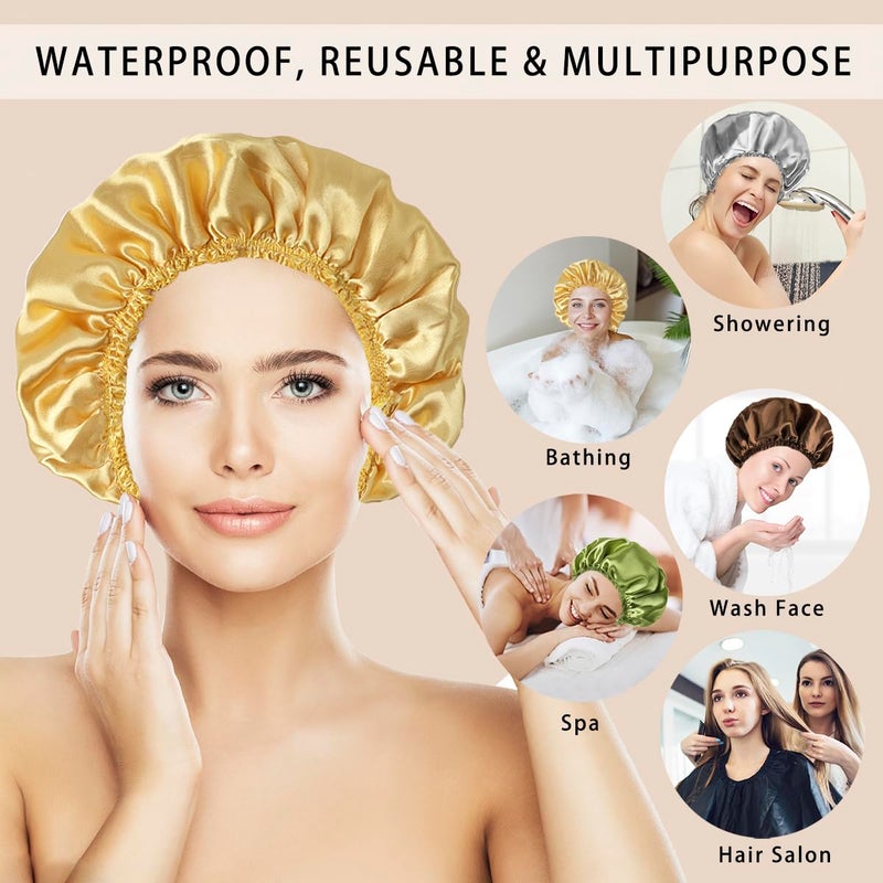 CHFONG 4 PCS Shower Cap for Women, Elastic and Reusable Bath Caps, Double Layers Shower Caps Reusable Waterproof, Bathing Shower Caps, Environmental Bath Hair Protection Cap -Gold+Green+Silver Gray+Brown - Image 2