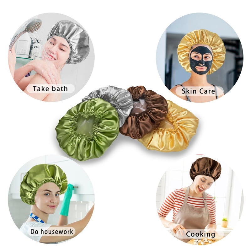 CHFONG 4 PCS Shower Cap for Women, Elastic and Reusable Bath Caps, Double Layers Shower Caps Reusable Waterproof, Bathing Shower Caps, Environmental Bath Hair Protection Cap -Gold+Green+Silver Gray+Brown - Image 5