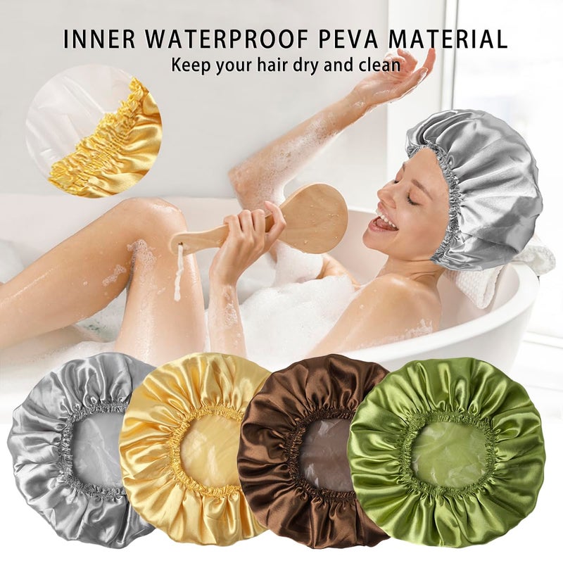 CHFONG 4 PCS Shower Cap for Women, Elastic and Reusable Bath Caps, Double Layers Shower Caps Reusable Waterproof, Bathing Shower Caps, Environmental Bath Hair Protection Cap -Gold+Green+Silver Gray+Brown - Image 3