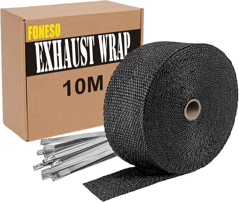 Foneso Car Exhaust Wrap, Exhaust Tape Bandage Titanium Black Fiberglass Heat Insulation Wrap Roll with 10 Stainless Steel Ties, for Motorcycle Car Exhaust Pipes, Mainfold (Black, 1 Roll 10M) Global mainstream design picks - Image 1