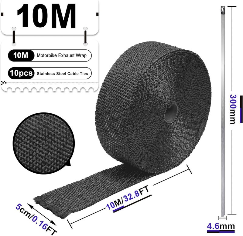Foneso Car Exhaust Wrap, Exhaust Tape Bandage Titanium Black Fiberglass Heat Insulation Wrap Roll with 10 Stainless Steel Ties, for Motorcycle Car Exhaust Pipes, Mainfold (Black, 1 Roll 10M) Global mainstream design picks - Image 2