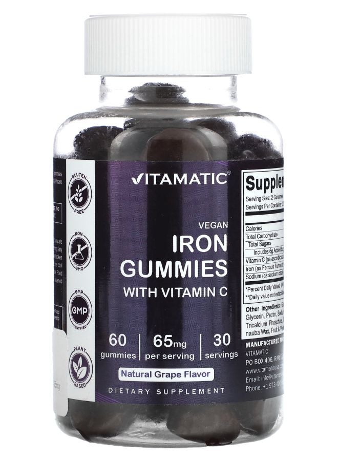 Vitamatic Vegan Iron Gummies with Vitamin C Natural Grape 60 Gummies