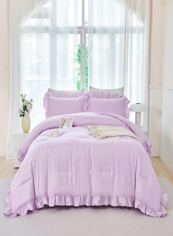 ANGIYUIN 5Pcs Purple Girls Comforter Set Full Size Ruffle Bedding Sets Lavender Farmhouse Kids Bed Sets Soft Lightweight Bed in A Bag with Sheet Sets(Purple Full) - Image 1