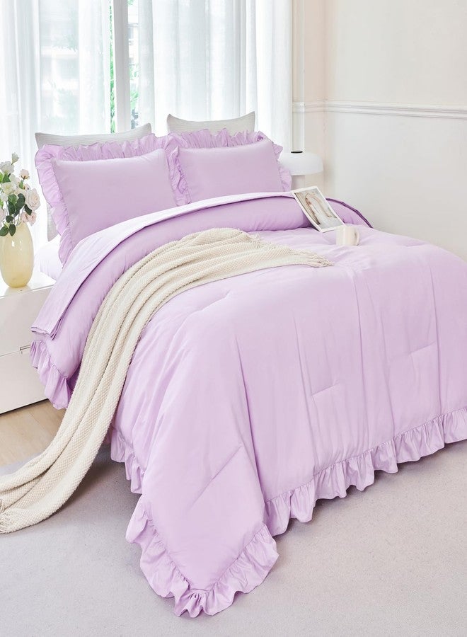 ANGIYUIN 5Pcs Purple Girls Comforter Set Full Size Ruffle Bedding Sets Lavender Farmhouse Kids Bed Sets Soft Lightweight Bed in A Bag with Sheet Sets(Purple Full) - Image 3