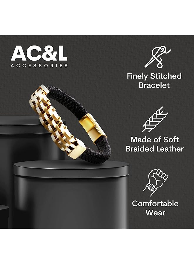 AC&L Metallic Steel Chain Link Bracelet With Woven Leather Band - Image 2