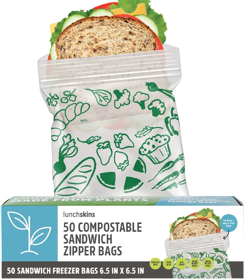 Lunchskins Ziptop BPI Certified Compostable & Resealable Freezer-Safe Food Storage Bags, Sandwich Size, 50 Bags - Eco-Friendly, Made Without PFAS and BPA - Image 1