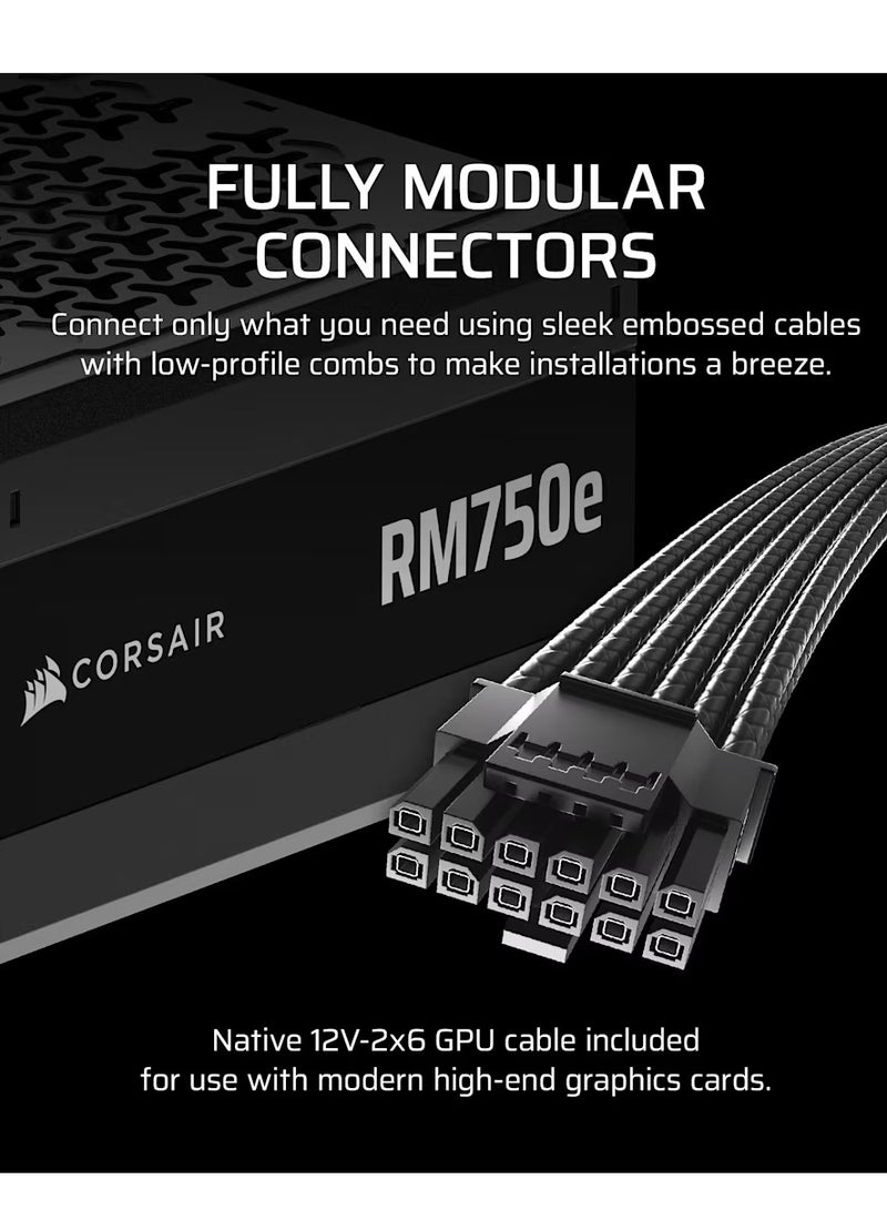 كورسير مزود طاقة ATX منخفض الضوضاء بالكامل RM750e مع كابل 12V-2x6 – متوافق مع ATX 3.1 و PCIe 5.1، كفاءة ذهبية من Cybenetics، مكثفات مصنفة 105°C، وضع الاستعداد الحديث - Image 4