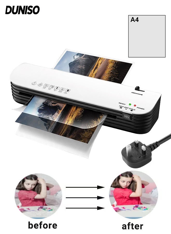 DUNISO آلة laminating الساخنة والباردة، جهاز laminator محمول A4، مع 50 ورقة من أكياس laminating، مع إعدادات ساخنة وباردة، تسخين سريع وبدون فقاعات، سهل الاستخدام، تسخين مسبق لمدة 2 دقيقة، للاستخدام في المنزل، المكتب، المدرسة - Image 1