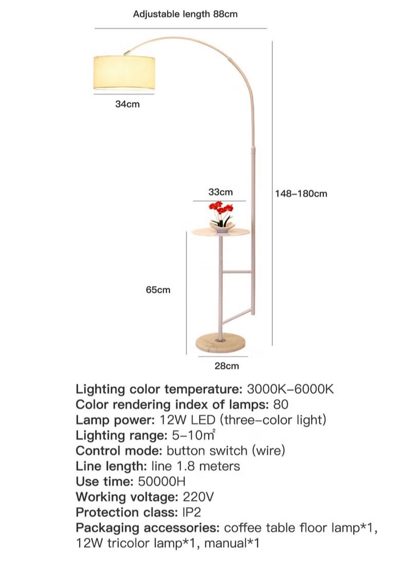 شاربدو - مصباح أرضي LED (12 وات) من Nordic بثلاثة ألوان مع طاولة، مصباح قائم لطاولة القهوة الحديثة من الحديد لغرفة المعيشة وغرفة النوم والأريكة بجانب السرير وضوء أبيض 180 × 88 سم - Image 1