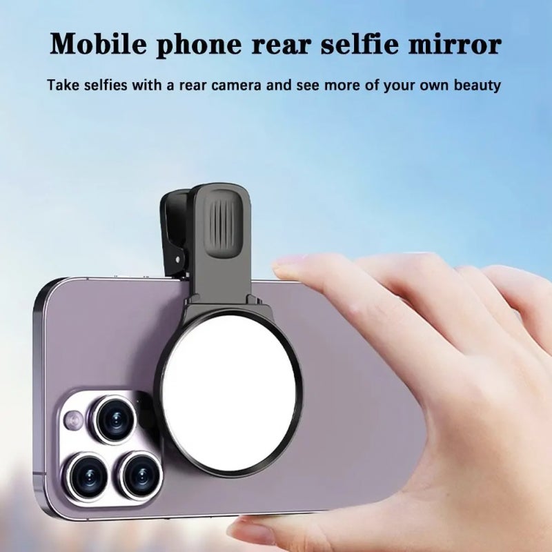Selfie Mirror: Black Integrated Phone Clip Compact Round Mirror - Multi-Layer Coating Ample Clear View Vlog Mirror for Smartphone Selfie and Vlogging Enthusiasts - Image 5
