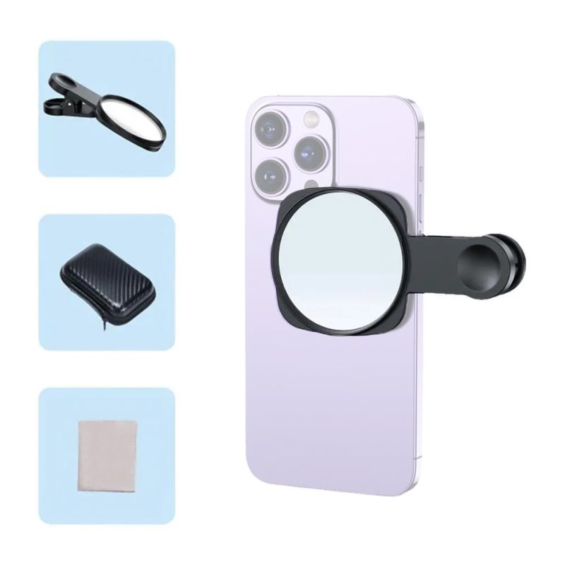 Selfie Mirror: Black Integrated Phone Clip Compact Round Mirror - Multi-Layer Coating Ample Clear View Vlog Mirror for Smartphone Selfie and Vlogging Enthusiasts - Image 1