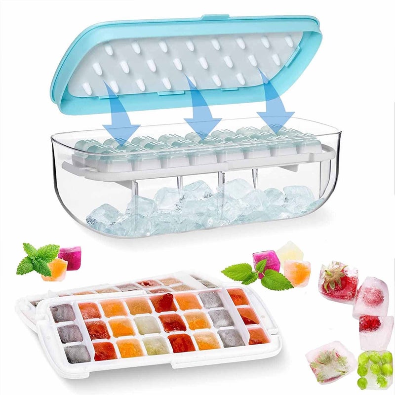 Evona Ice Cube Tray with Lid and BinSilicone Molds Comes with Ice Container ScoopIce Cube Bin for Freezer Honeycomb Ice Trays for Cocktail Beer Whisky Blue - Image 1
