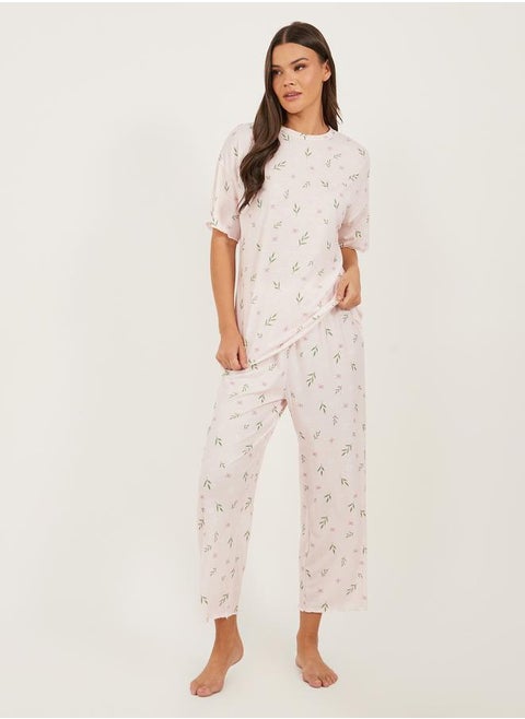 Floral Print Lettuce Edge Hem T-Shirt and Capri Pyjama Set