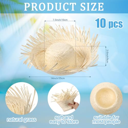 Hercicy 10 Pcs Adult Hawaiian Luau Straw Hats Pava Hat Puerto Rico Beachcomber Hats for Party Costumes Accessories DecorBeige - Image 3