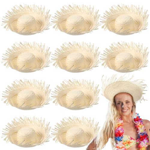 Hercicy 10 Pcs Adult Hawaiian Luau Straw Hats Pava Hat Puerto Rico Beachcomber Hats for Party Costumes Accessories DecorBeige - Image 1