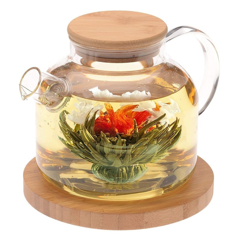 WISIK ENTERPRISE 1000ml Wooden Cap Kettle Glass Tea Pot Kettle with No Heat Resistant Perfect for TeaCoffee Maker Wooden Lid Loose Leaf Teapot with Strainer use for Home Kitchen Hotel 1 pcs - Image 5
