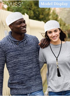 roaiss 4 Pcs Kufi Hats and Muslim Prayer Beads Set for Men Women Include 2 Handicraft Knitted Muslim Hat Stretchy Taqiyah Cap and 2 Muslim Tasbih 99 Beads Muslim Ramadan Gifts Black and White  - Image 2