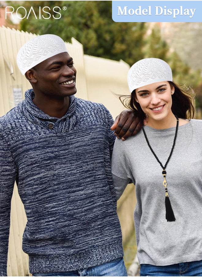 roaiss - 4 Pcs Kufi Hats and Muslim Prayer Beads Set for Men Women Include 2 Handicraft Knitted Muslim Hat Stretchy Taqiyah Cap and 2 Muslim Tasbih 99 Beads Muslim Ramadan Gifts Black and White - Image 1