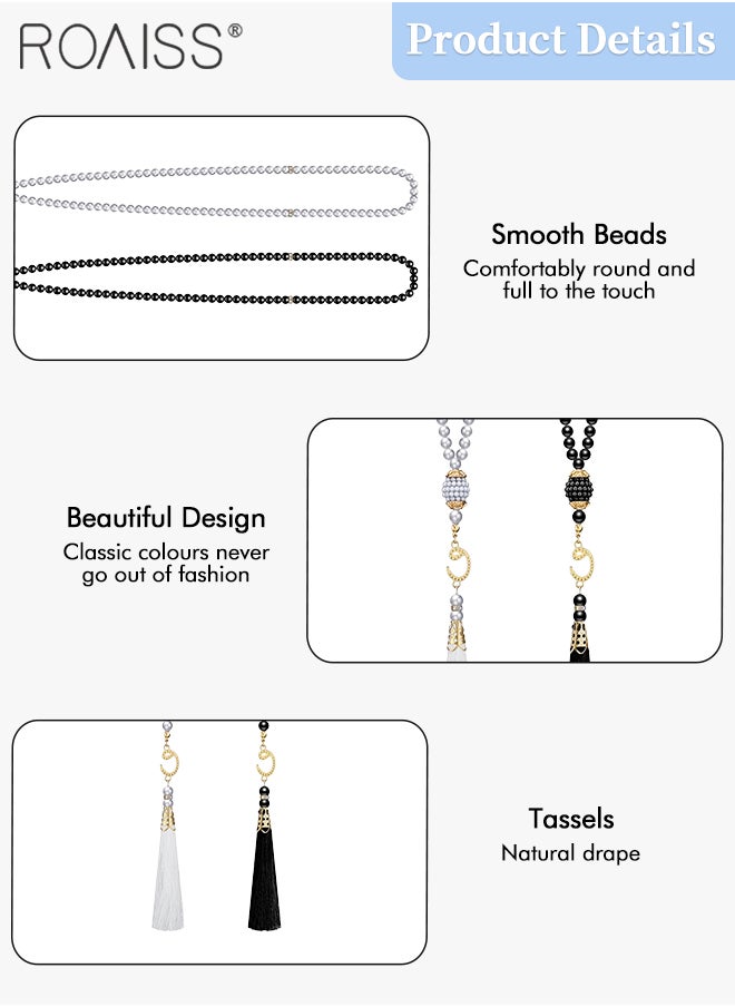 roaiss - 4 Pcs Kufi Hats and Muslim Prayer Beads Set for Men Women Include 2 Handicraft Knitted Muslim Hat Stretchy Taqiyah Cap and 2 Muslim Tasbih 99 Beads Muslim Ramadan Gifts Black and White - Image 1