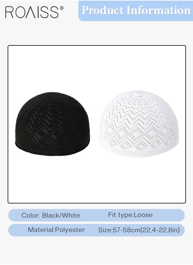 roaiss - 4 Pcs Kufi Hats and Muslim Prayer Beads Set for Men Women Include 2 Handicraft Knitted Muslim Hat Stretchy Taqiyah Cap and 2 Muslim Tasbih 99 Beads Muslim Ramadan Gifts Black and White - Image 1