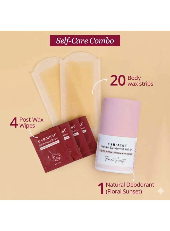 Carmesi 1 Natural Underarm Deodorant Roll On for Women (Floral Sunset), 50ml + Deep Nourish Body Wax Strips (20 strips, 4 post-wax wipes) | For Fresh Underarms All Day | Cold Waxing - Image 2