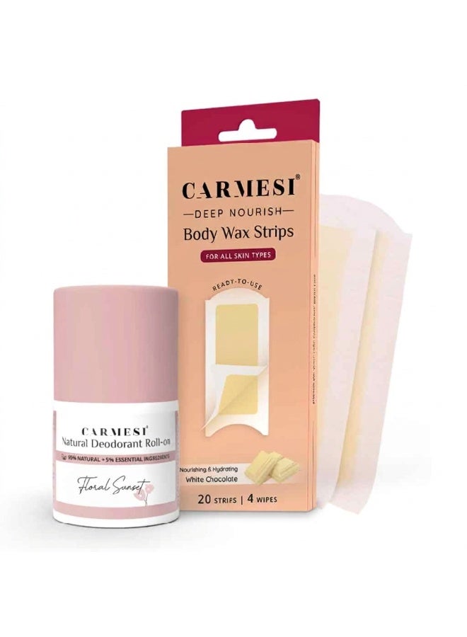 Carmesi 1 Natural Underarm Deodorant Roll On for Women (Floral Sunset), 50ml + Deep Nourish Body Wax Strips (20 strips, 4 post-wax wipes) | For Fresh Underarms All Day | Cold Waxing - Image 1