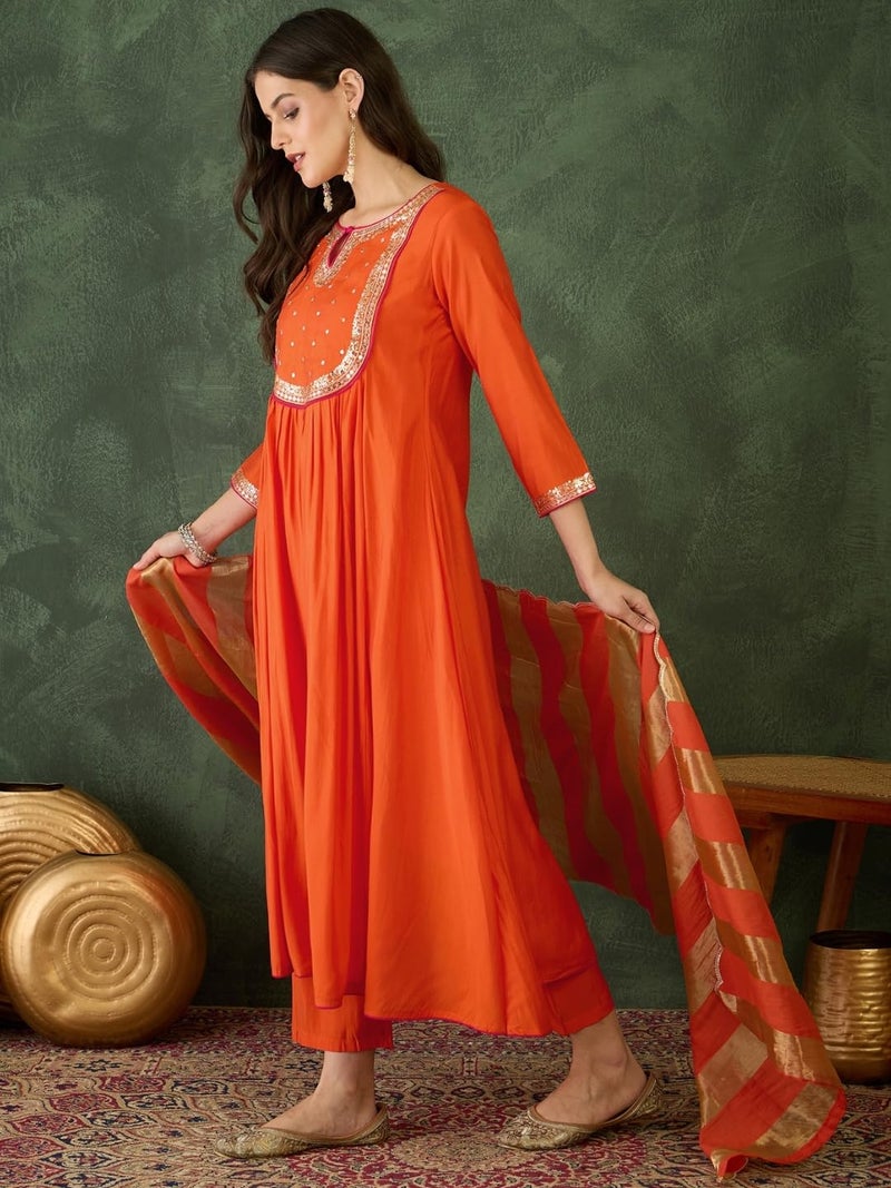 Naixa Women's Chanderi Embroidered Flared Kurta with Pant and Dupatta Sets for Wedding Party and Festival Wear (NX-762-Rust-5XL) - Image 3