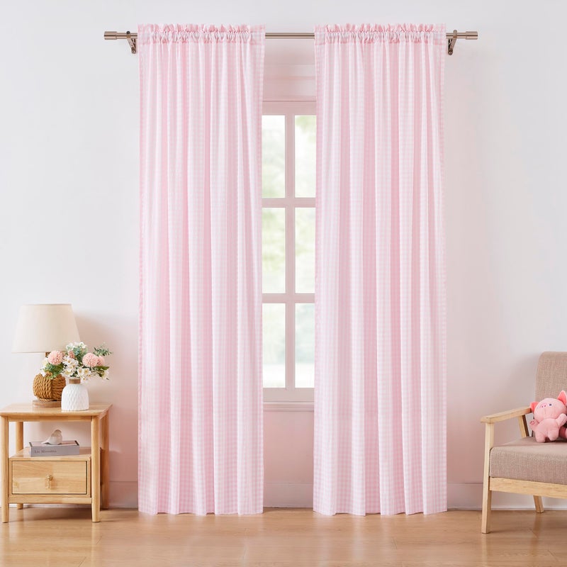 ZJDECOR Pink White Buffalo Plaid Curtain Panels 84 Inches Long,Crinkle Not-See-Through Sheer Drapes for Bedroom Living Room,Farmhouse Window Treatment,Rod Pocket,Tiebacks Included,52"Wx84"L(Pack of 2) - Image 2