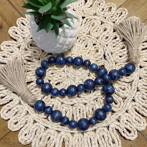 Fenisam Handcrafted Farmhouse Wooden Decorative Beads Garland, Table Tray Boho Wood Beads with Tassel, Small Rustic Antique Decor for Home and Events (32" Rustic Blue) - Image 2