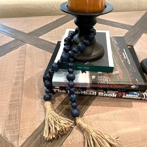 Fenisam Handcrafted Farmhouse Wooden Decorative Beads Garland, Table Tray Boho Wood Beads with Tassel, Small Rustic Antique Decor for Home and Events (32" Rustic Blue) - Image 4