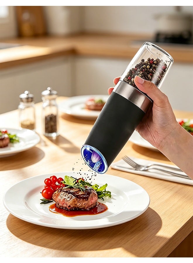 Electric Gravity Pepper and Salt Grinder,With Adjustable Coarseness, Adjustable Coarseness LED light, Battery Powered, Refillable Automatic One-Hand Operated - Image 1