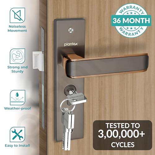 Plantex Heavy-Duty Door Lock Set - Main Door Lock Handle Set/ 6-Lever Lock Mechanism with 3 Years of Warranty/Mortise Lock with 3 Keys, Brass Lockbody & Cylinder (8112 - Satin Black & PVD Choco) - Image 2