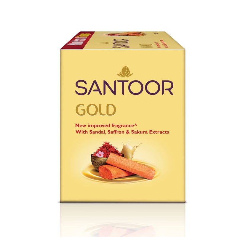 Santoor صابون الاستحمام سانتور جولد مع مستخلصات الزعفران الكشميري وخشب الصندل وساكورا لبشرة ناعمة وشابة مظهرها لطيف غني بالرغوة مع عطر منعش لجميع أنواع البشرة 125 جرام عبوة من 6 - Image 3