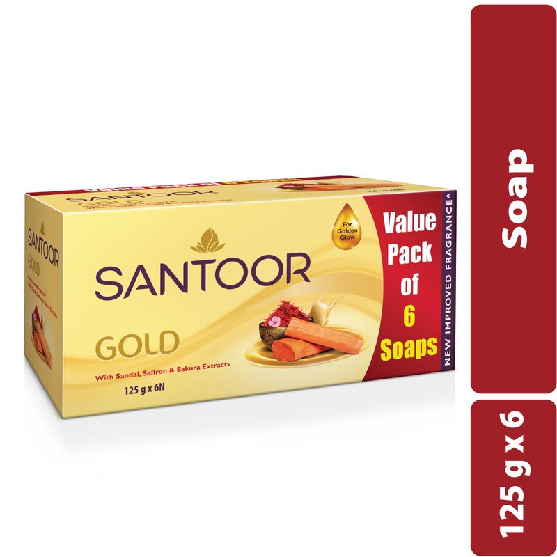 Santoor صابون الاستحمام سانتور جولد مع مستخلصات الزعفران الكشميري وخشب الصندل وساكورا لبشرة ناعمة وشابة مظهرها لطيف غني بالرغوة مع عطر منعش لجميع أنواع البشرة 125 جرام عبوة من 6 - Image 2
