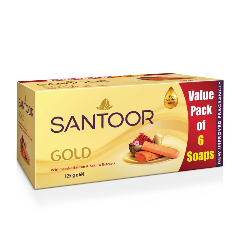 Santoor صابون الاستحمام سانتور جولد مع مستخلصات الزعفران الكشميري وخشب الصندل وساكورا لبشرة ناعمة وشابة مظهرها لطيف غني بالرغوة مع عطر منعش لجميع أنواع البشرة 125 جرام عبوة من 6 - Image 1