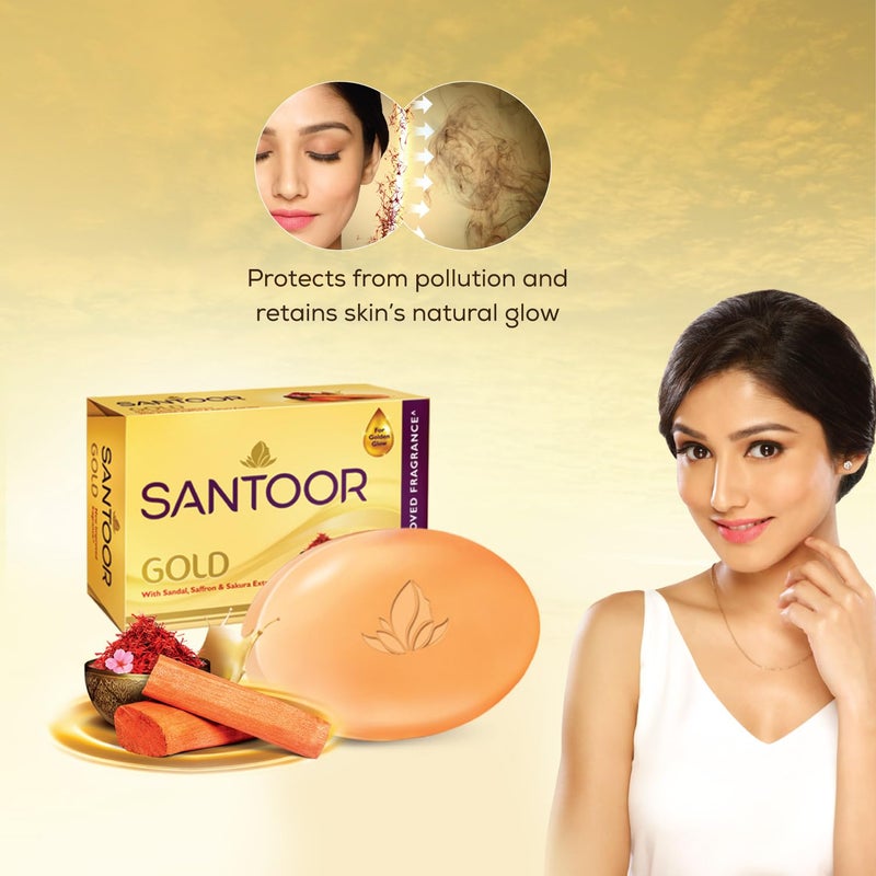 Santoor صابون الاستحمام سانتور جولد مع مستخلصات الزعفران الكشميري وخشب الصندل وساكورا لبشرة ناعمة وشابة مظهرها لطيف غني بالرغوة مع عطر منعش لجميع أنواع البشرة 125 جرام عبوة من 6 - Image 5