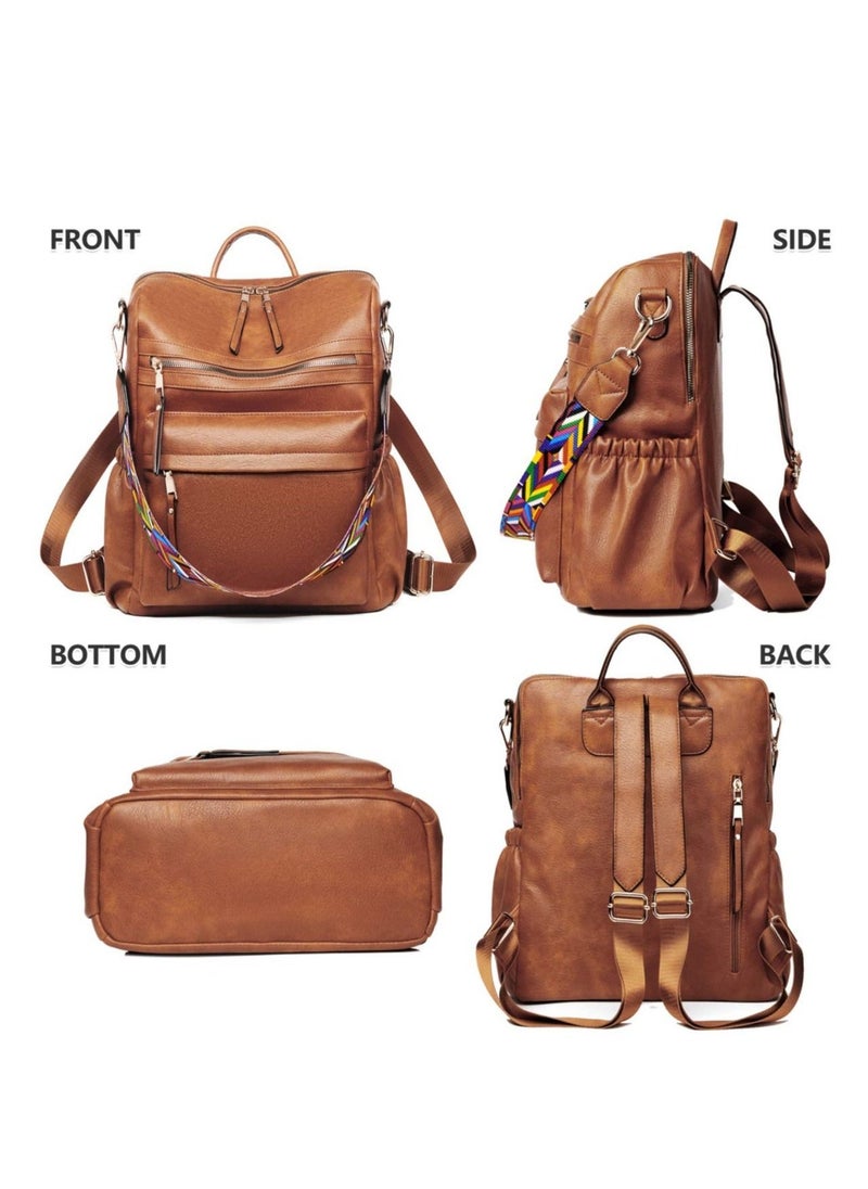 Fashion Leather Designed Travel College Shoulder Backpack with Colorful Strap - Brown  - Image 3