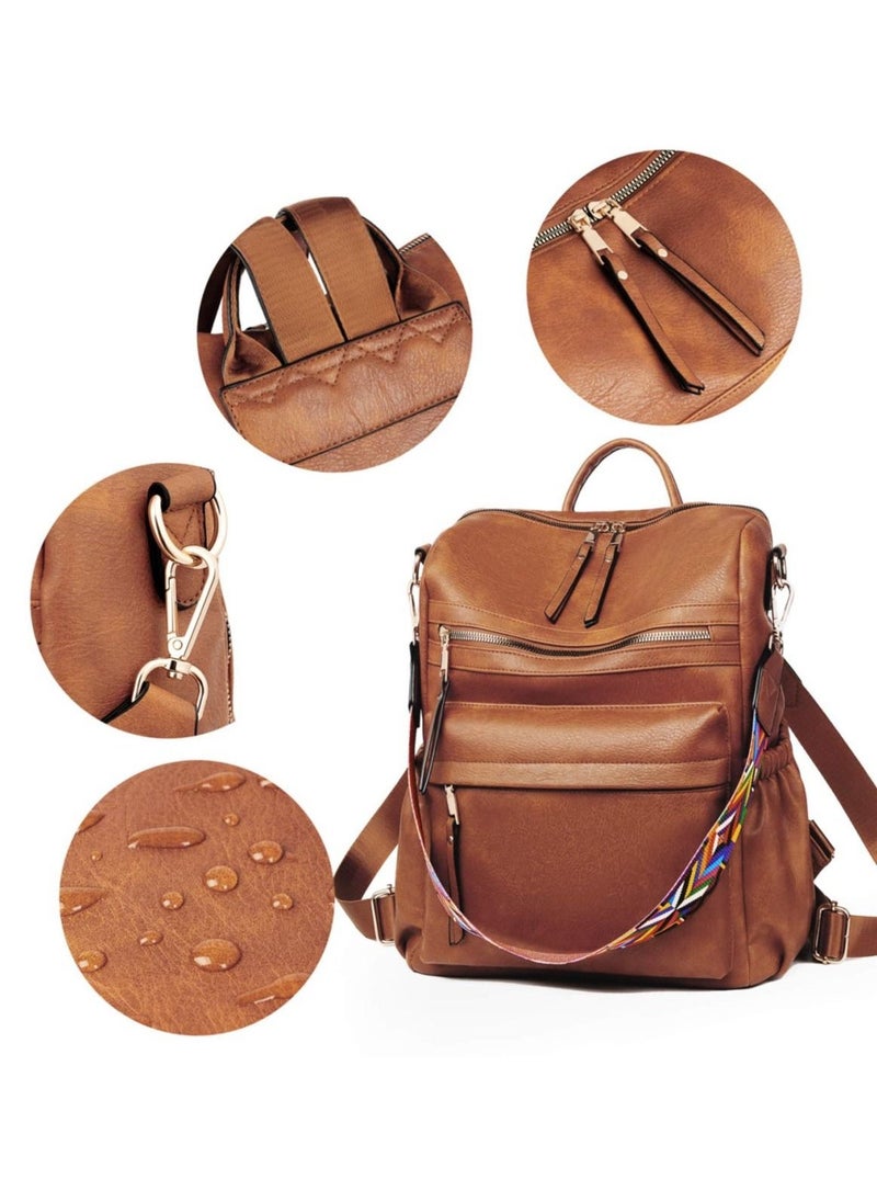 Fashion Leather Designed Travel College Shoulder Backpack with Colorful Strap - Brown  - Image 2