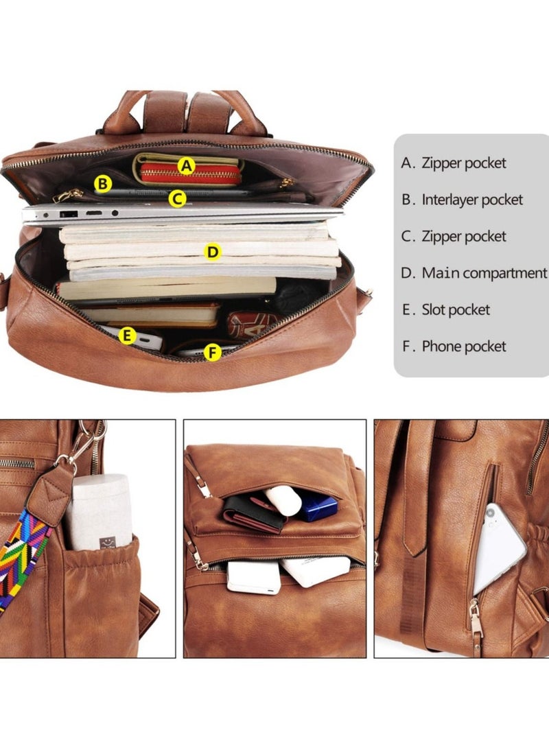 Fashion Leather Designed Travel College Shoulder Backpack with Colorful Strap - Brown  - Image 4