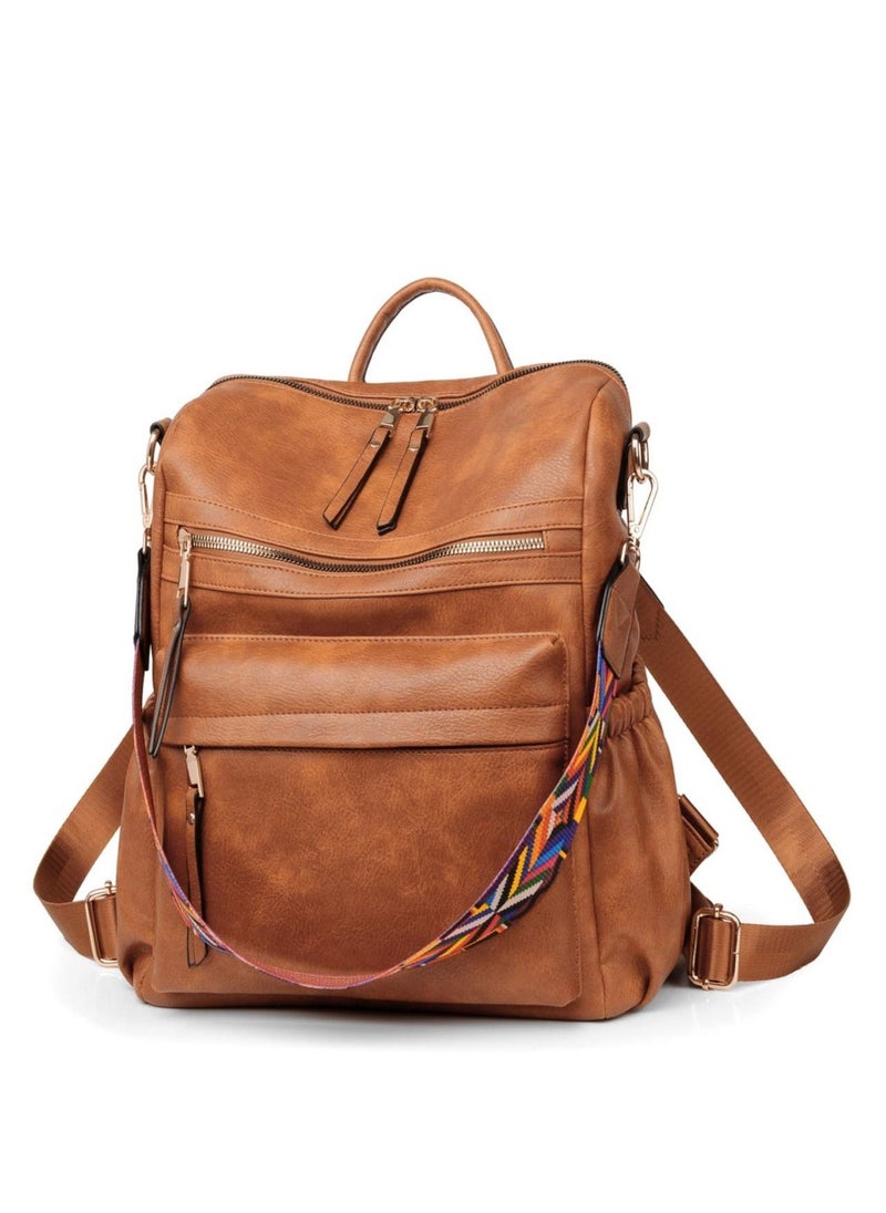 Fashion Leather Designed Travel College Shoulder Backpack with Colorful Strap - Brown  - Image 1