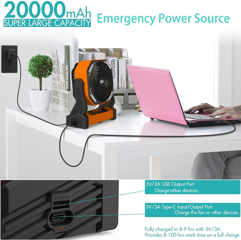 panergy Portable Camping Fan with LED Lantern 20000mAh Rechargeable Battery Operated Outdoor Tent Fan with Light Hook 270 Pivot 4 Speeds8 inch Personal USB Desk Fan for Camping Fishing Power Outage Hurricane  - Image 2