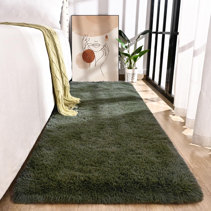 Przemy Fluffy Runner Rug for Bedroom Living Room, 2x6 Feet Olive Green Shag Area Rugs, Soft Fuzzy Carpet for Bedside Nursery Kids Room College Dorm, Plush Throw Rug for Home Decor - Image 1
