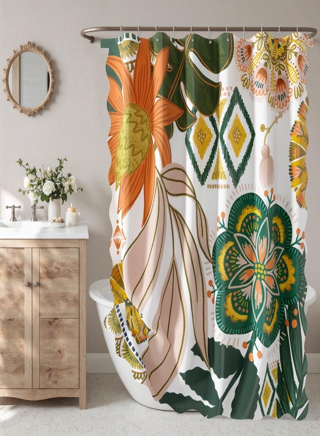 Tyrot Scalloped Boho Floral Fabric Shower Curtain Set Colorful Abstract Botanical Shower Curtains for Bathroom Mid Century Modern Aesthetic Home Decor Waterproof Bath Curtain with Hooks, 72x72 - Image 3