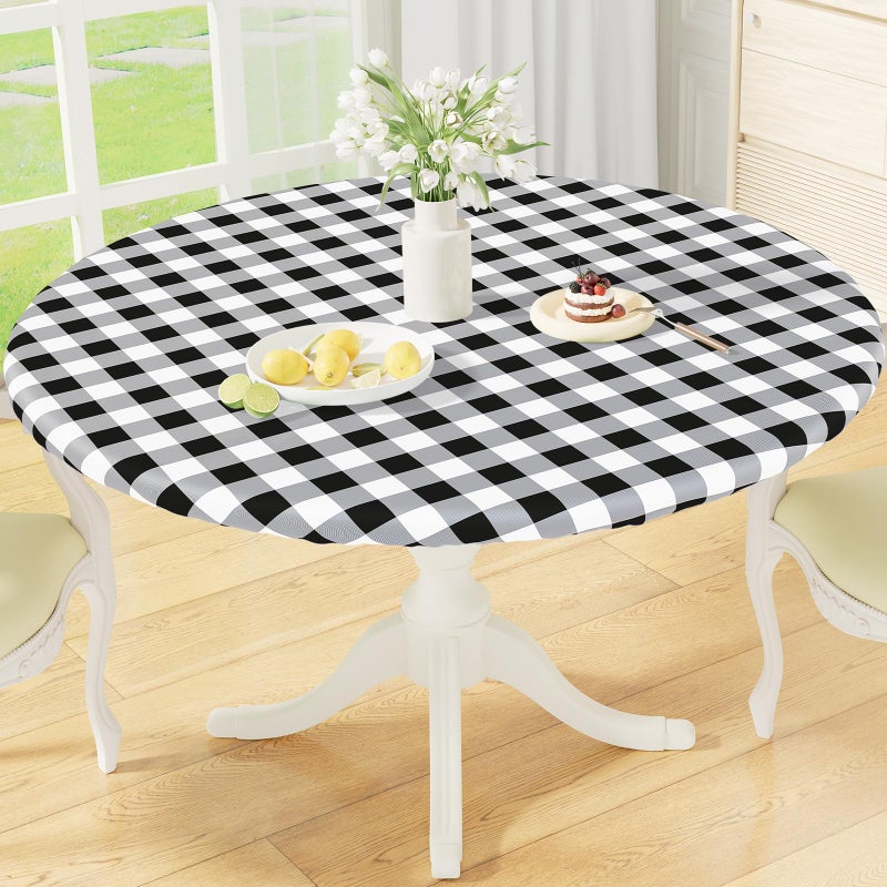 misaya Round Fitted Tablecloth with Elastic Edge, Buffalo Plaid Waterproof Vinyl Flannel Backed Table Cloth Cover Fits 45"-56" Round Tables for Dinner, Outdoor, Picnic, Black White Check - Image 1