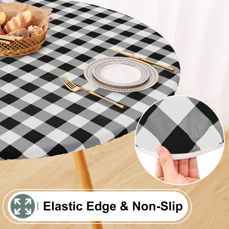 misaya Round Fitted Tablecloth with Elastic Edge, Buffalo Plaid Waterproof Vinyl Flannel Backed Table Cloth Cover Fits 45"-56" Round Tables for Dinner, Outdoor, Picnic, Black White Check - Image 2