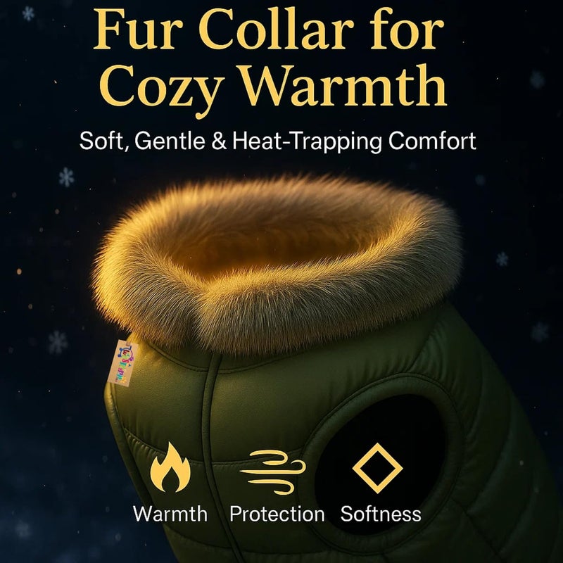 Western Era Dog Fur Quilted Olive Green Winter Coat for Dogs | Warm Padded Jacket Soft Fur Collar | Windproof Cold Weather Outfit for Walks Clothing | Adjustable Belly Strap (Large - 18inch) - Image 3
