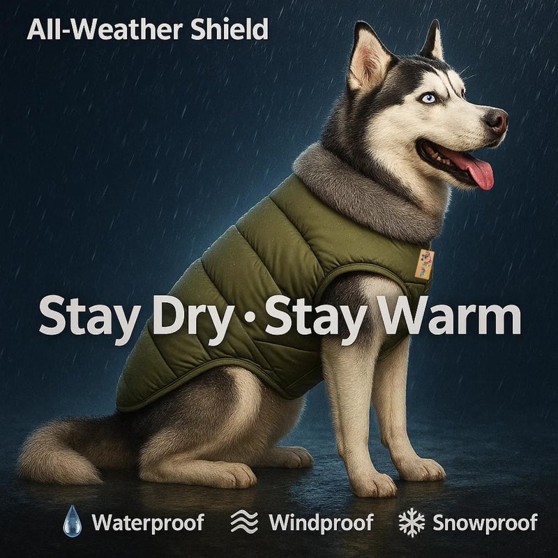 Western Era Dog Fur Quilted Olive Green Winter Coat for Dogs | Warm Padded Jacket Soft Fur Collar | Windproof Cold Weather Outfit for Walks Clothing | Adjustable Belly Strap (Large - 18inch) - Image 4