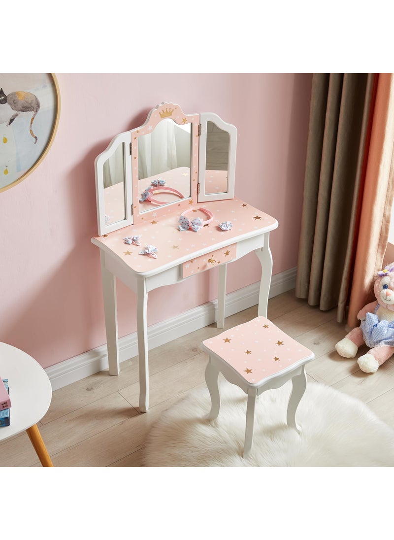 Nromant Nromant Kids Vanity Table and Chair Set Girls Vanity Set with Stool TriFolding Mirror Makeup Dressing Princess Table with Drawer for Little Girls 